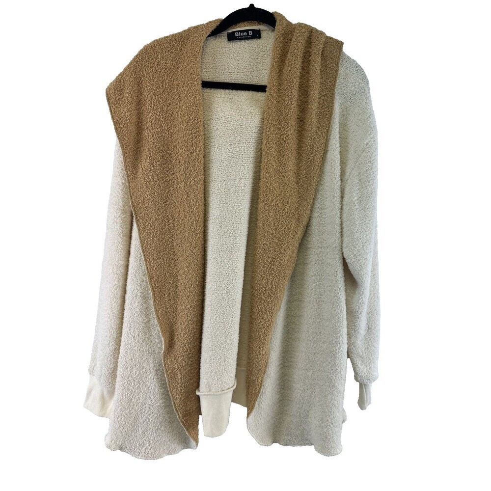 Blue B Collection Hooded Cardigan Sweater Fuzzy‎ Soft Pockets Tan Womens Large